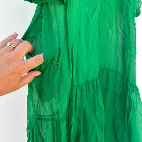 Ali Golden Peasant Dress Kelly Green Sheer Midi XS Sustainable Drop Waist - Picture 8 of 11